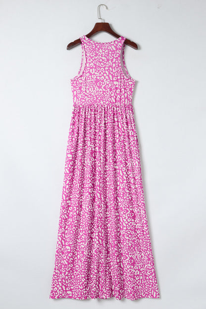 Pink Leopard Print Pocketed Sleeveless Maxi Dress