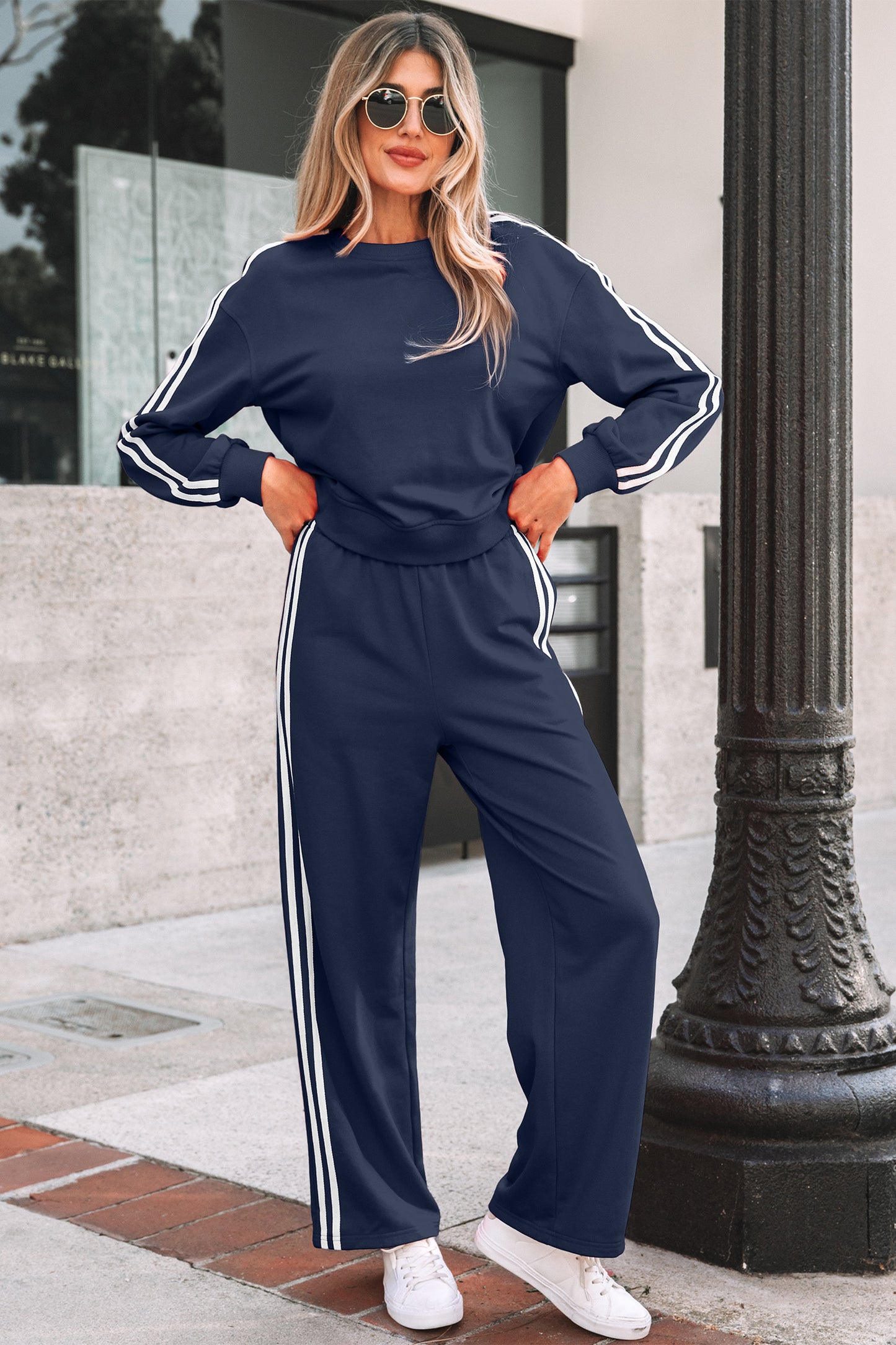 Dirty blue Varsity Striped Detail Crewneck Pullover Elastic Sweatpants 2pcs Outfit