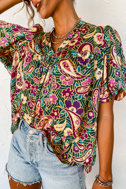 Green Paisley Print Flutter Sleeve Tiered Ruffle Dress