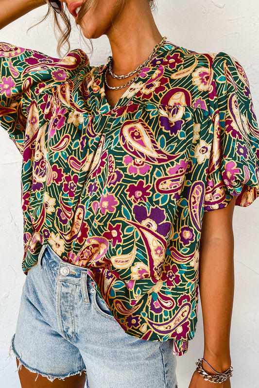 Green Paisley Print Flutter Sleeve Tiered Ruffle Dress