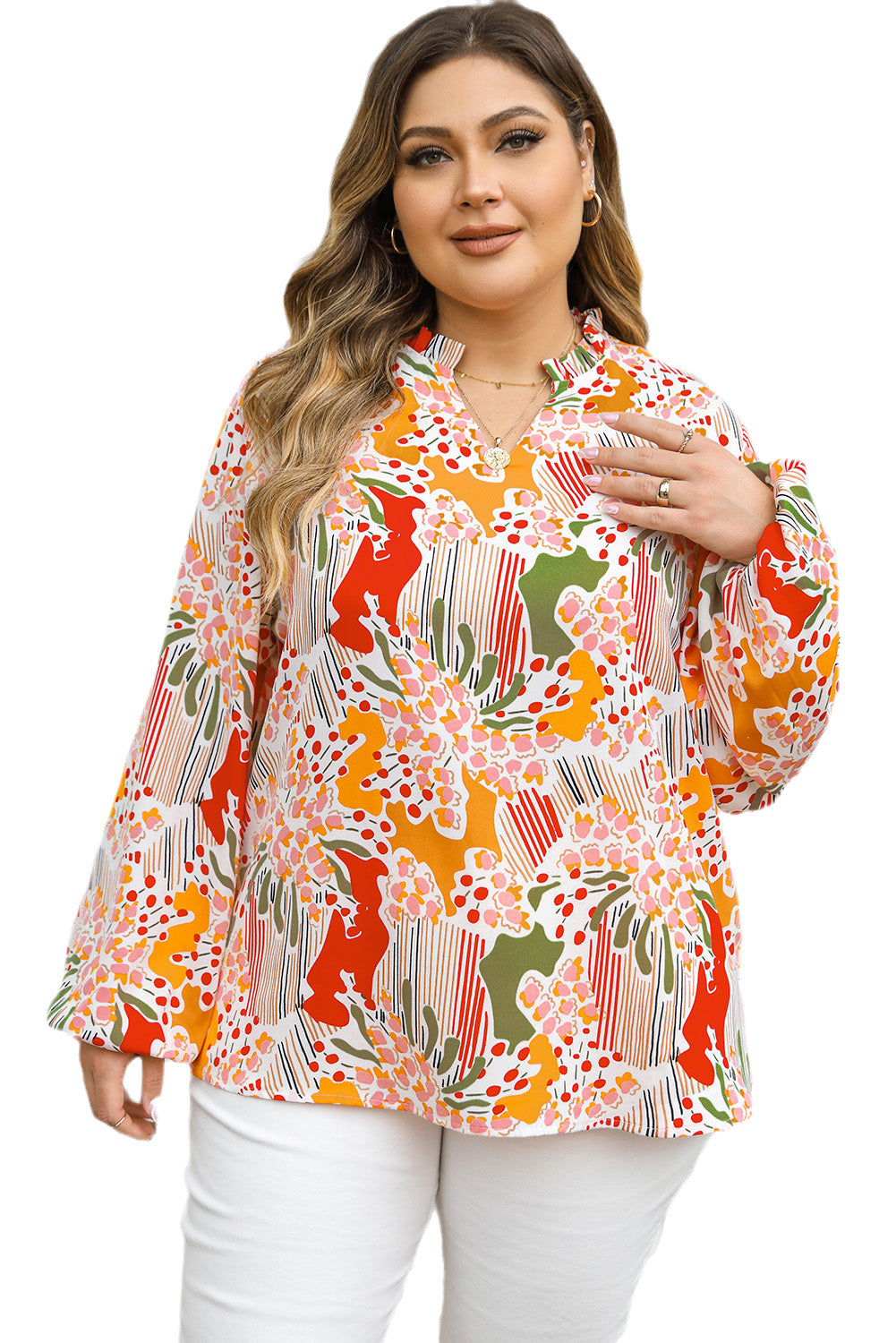 Multicolour Split Neck Puff Sleeve Flowy Printed Dress