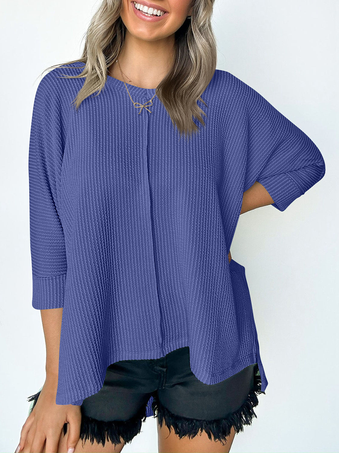 Textured Round Neck Three-Quarter Sleeve Blouse