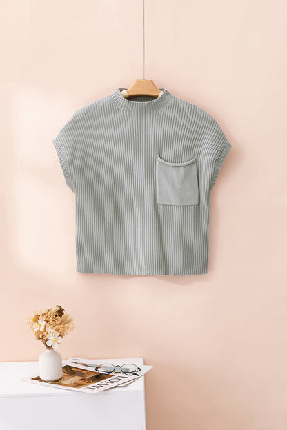 Blackish Green Patch Pocket Ribbed Knit Short Sleeve Sweater Dress