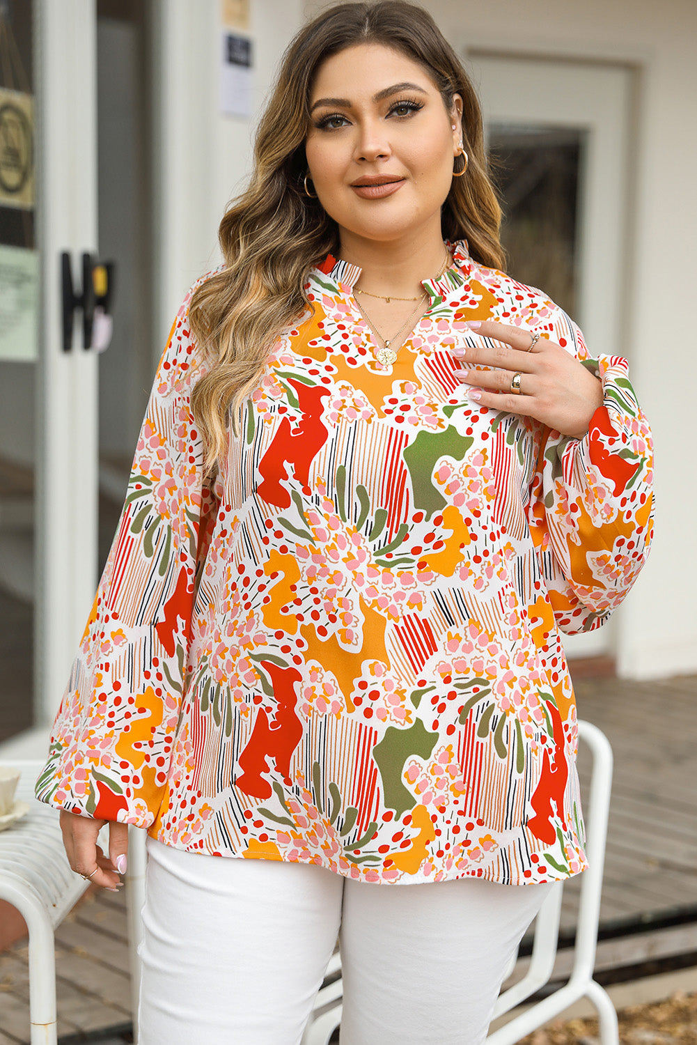 Multicolour Split Neck Puff Sleeve Flowy Printed Dress