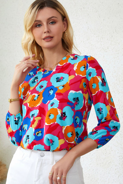 Rose Split V Collar Ruffle Sleeve Floral Shift Dress