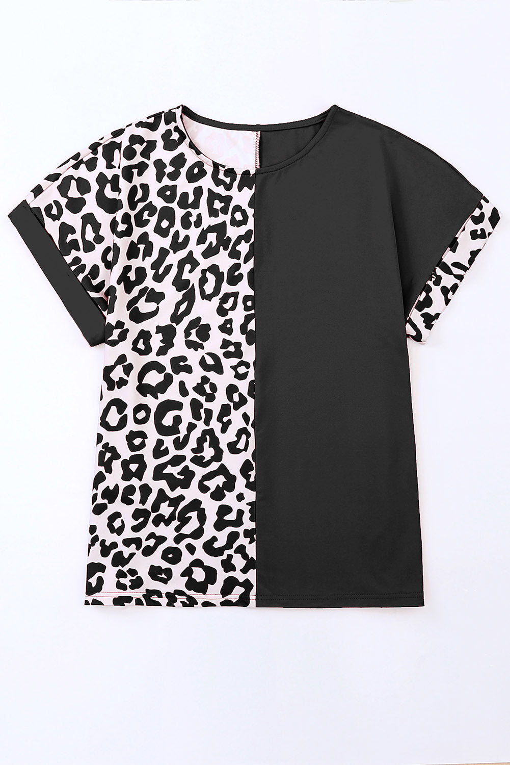 Gray Contrast Solid Leopard Short Sleeve T-shirt Dress with Slits
