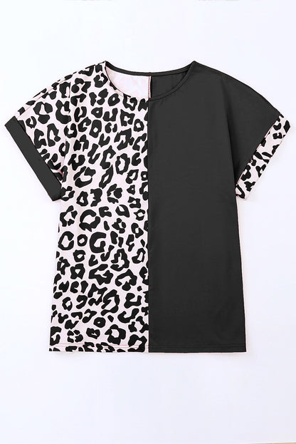 Gray Contrast Solid Leopard Short Sleeve T-shirt Dress with Slits