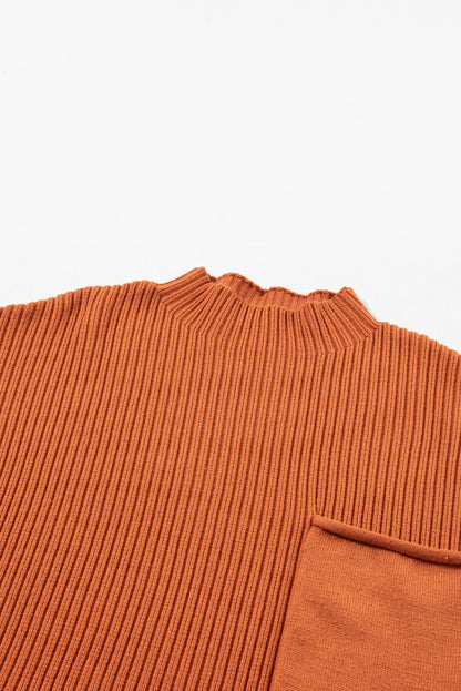 Blackish Green Patch Pocket Ribbed Knit Short Sleeve Sweater Dress