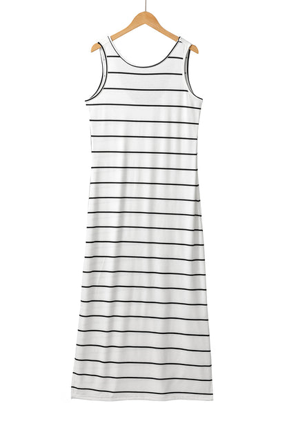 Black Stripe Print Open Back Sleeveless Maxi Dress with Slits