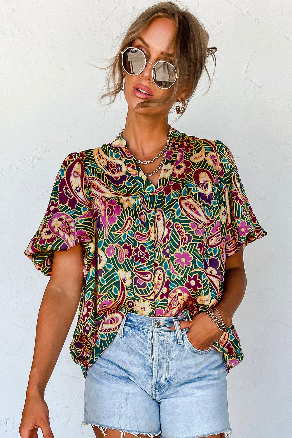 Green Paisley Print Flutter Sleeve Tiered Ruffle Dress
