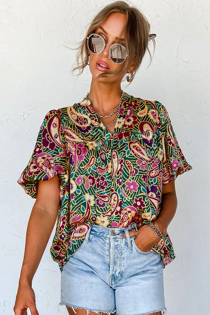 Green Paisley Print Flutter Sleeve Tiered Ruffle Dress