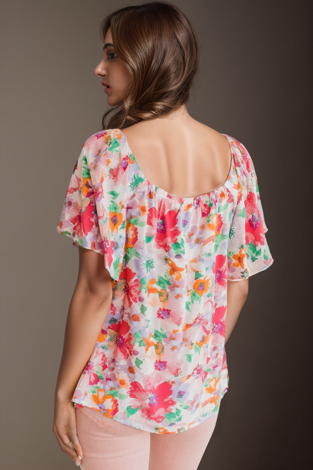 Printed Scoop Neck Flutter Sleeve Blouse