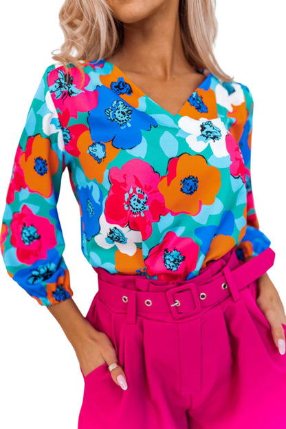 Rose Split V Collar Ruffle Sleeve Floral Shift Dress