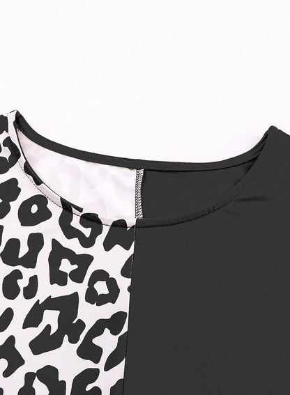Gray Contrast Solid Leopard Short Sleeve T-shirt Dress with Slits