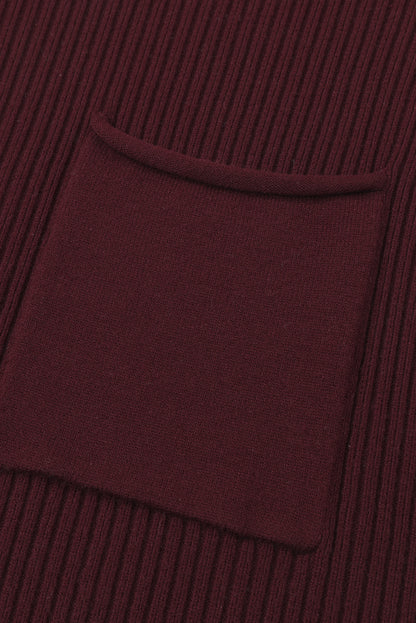 Blackish Green Patch Pocket Ribbed Knit Short Sleeve Sweater Dress