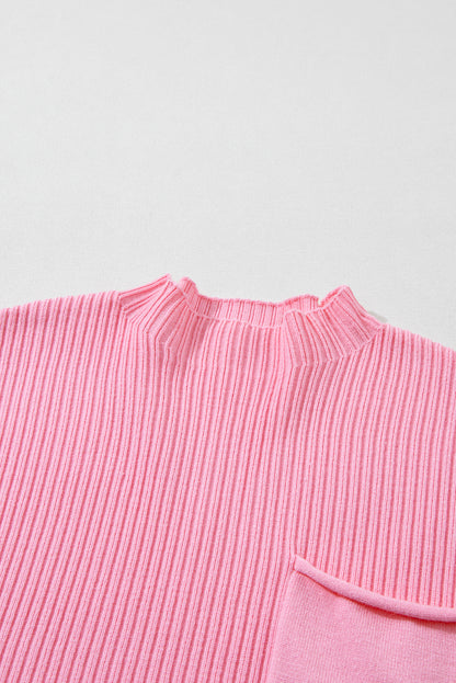 Blackish Green Patch Pocket Ribbed Knit Short Sleeve Sweater Dress