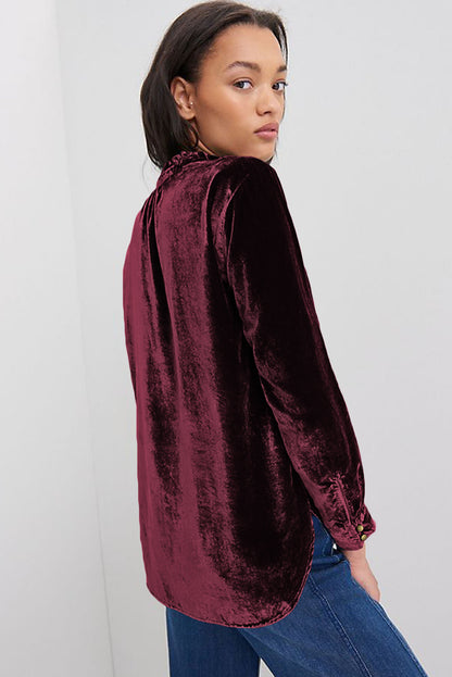 Skobeloff Velvet Buttoned Front Ruffled Mini Dress