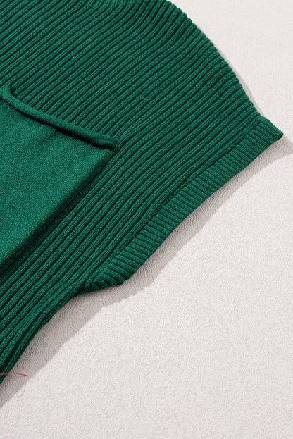 Blackish Green Patch Pocket Ribbed Knit Short Sleeve Sweater Dress