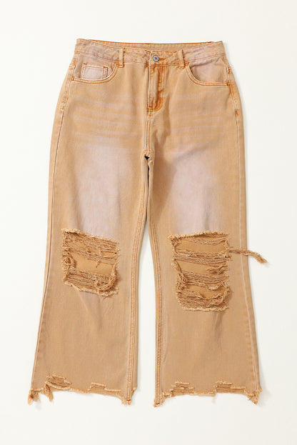 Black Distressed Hollow-out High Waist Cropped Flare Jeans