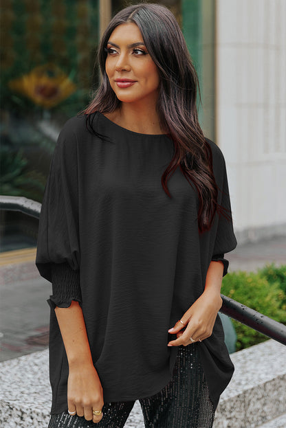 Black Solid Shirred Cuffs Short Swing Dress