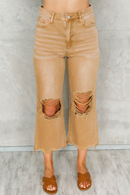 Black Distressed Hollow-out High Waist Cropped Flare Jeans