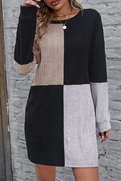 Black Color Block Drop Shoulder Rib Knit Mini Dress
