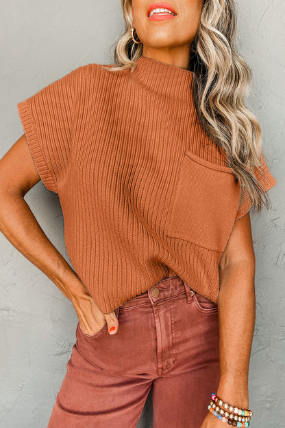 Blackish Green Patch Pocket Ribbed Knit Short Sleeve Sweater Dress