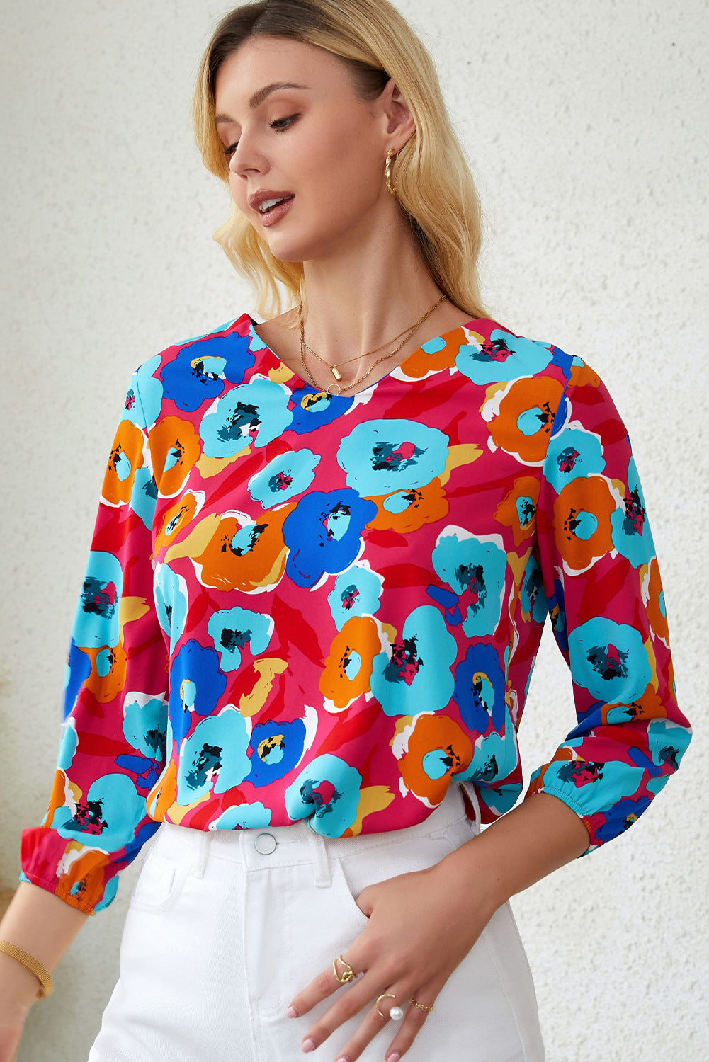 Rose Split V Collar Ruffle Sleeve Floral Shift Dress