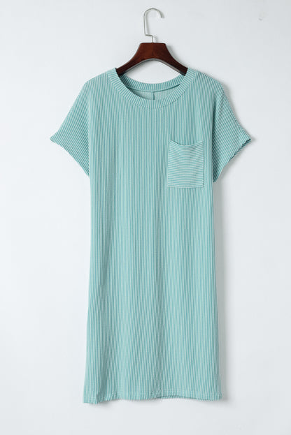 Gray Striped Ribbed Knit T-shirt Shift Dress