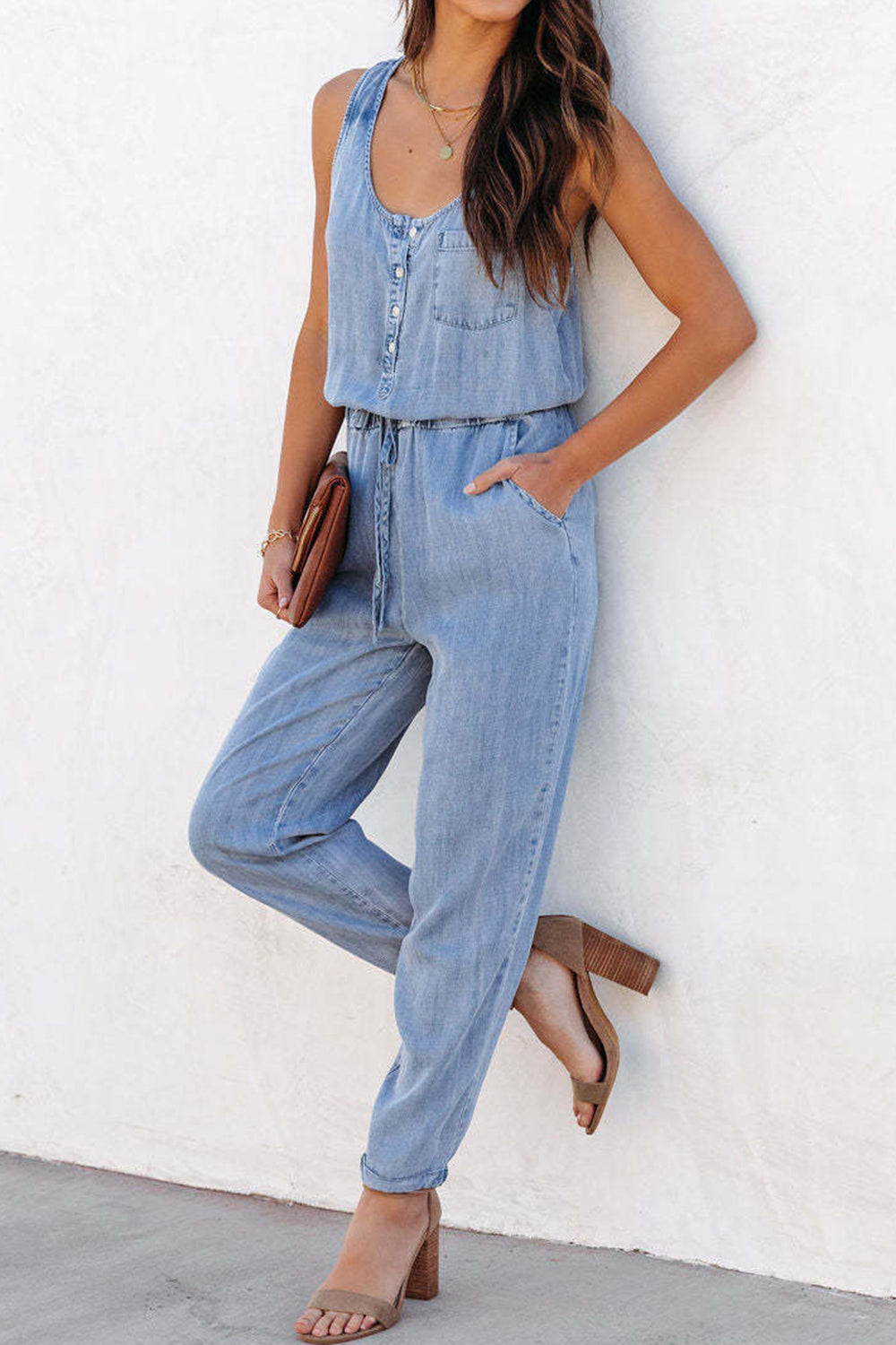 Pocketed Half Button Sleeveless Denim Jumpsuit