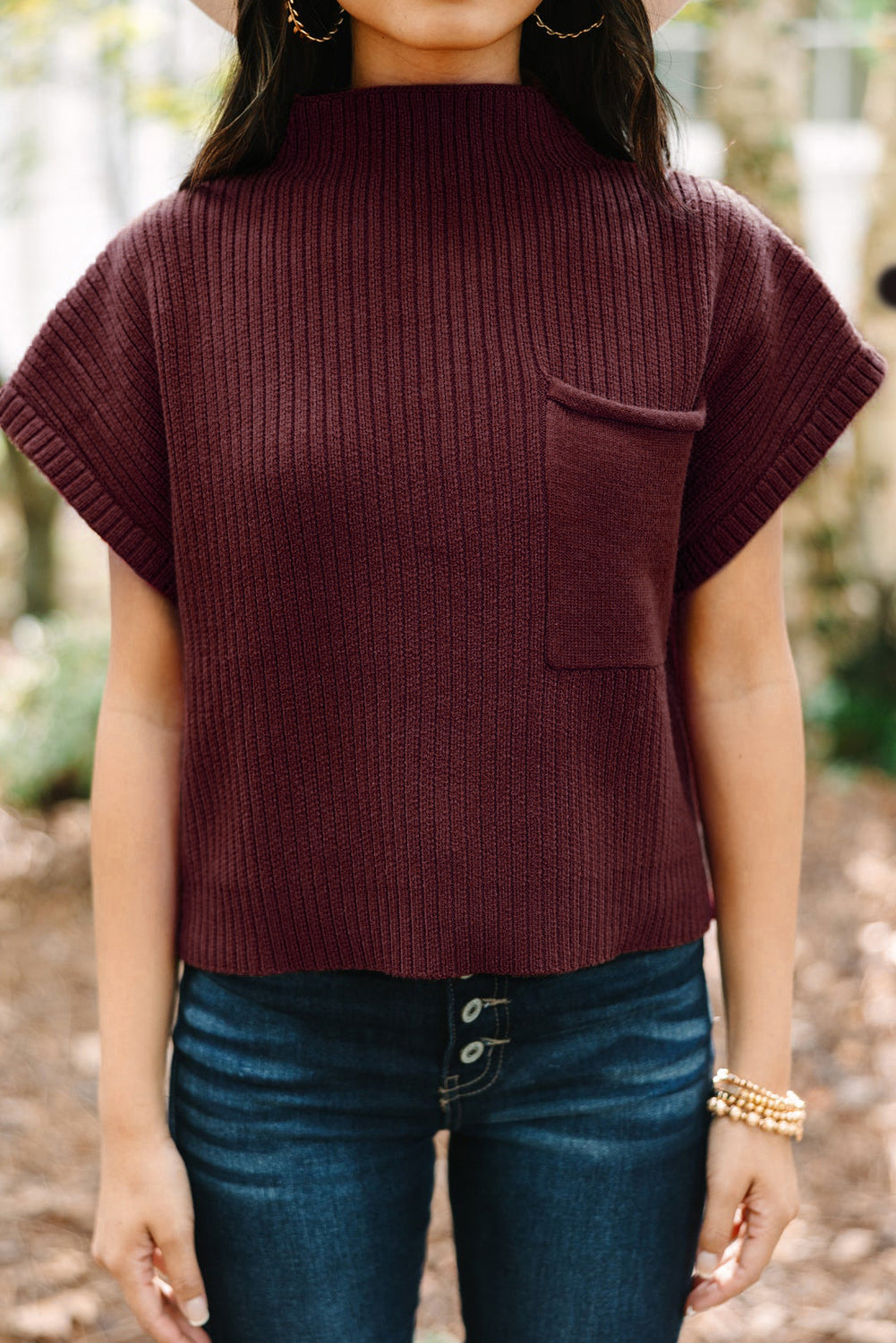 Blackish Green Patch Pocket Ribbed Knit Short Sleeve Sweater Dress