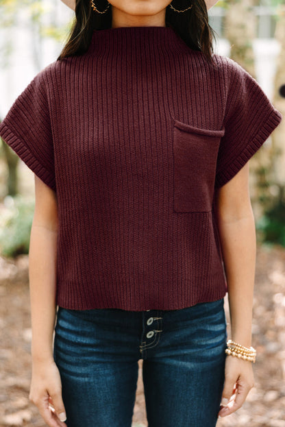 Blackish Green Patch Pocket Ribbed Knit Short Sleeve Sweater Dress