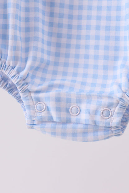 Premium blue snowman embroidery gingham ruffle bubble