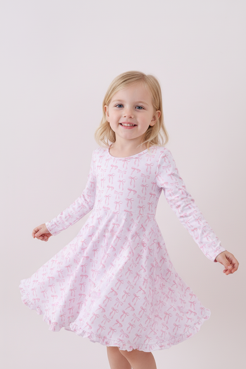 Young girl wearing a pink dress with a subtle pattern on a white background