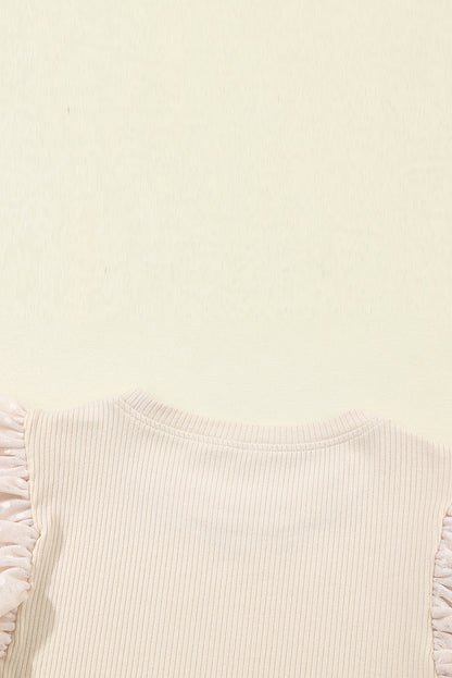 Apricot Dotty Mesh Ruffle Sleeve Ribbed Knit Top