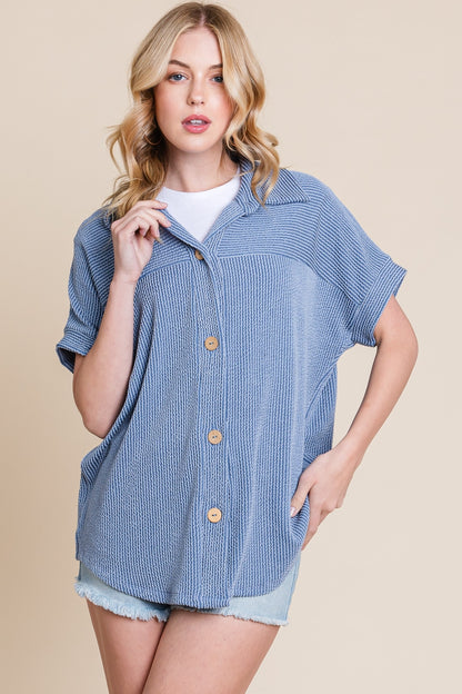 BOMBOM Button Up Short Sleeves Ribbed Shirt