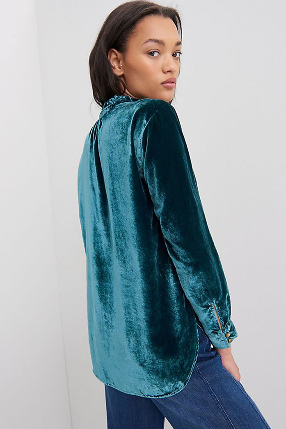 Skobeloff Velvet Buttoned Front Ruffled Mini Dress