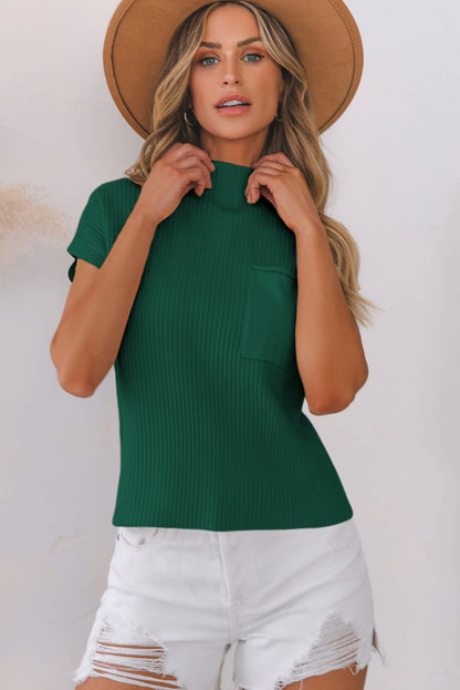 Blackish Green Patch Pocket Ribbed Knit Short Sleeve Sweater Dress