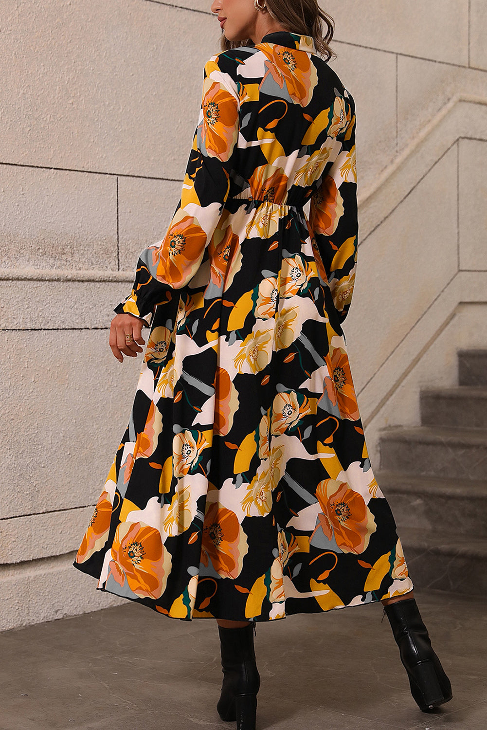 Multicolor Floral Print Waist Tie Pleated Midi Shirt Dress