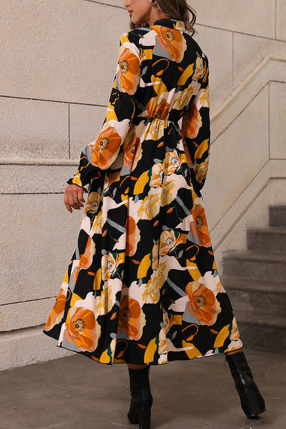 Multicolor Floral Print Waist Tie Pleated Midi Shirt Dress