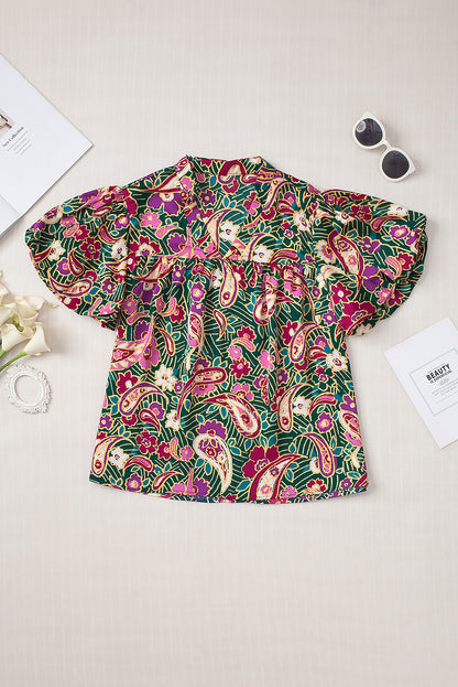 Green Paisley Print Flutter Sleeve Tiered Ruffle Dress
