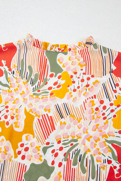 Multicolour Split Neck Puff Sleeve Flowy Printed Dress