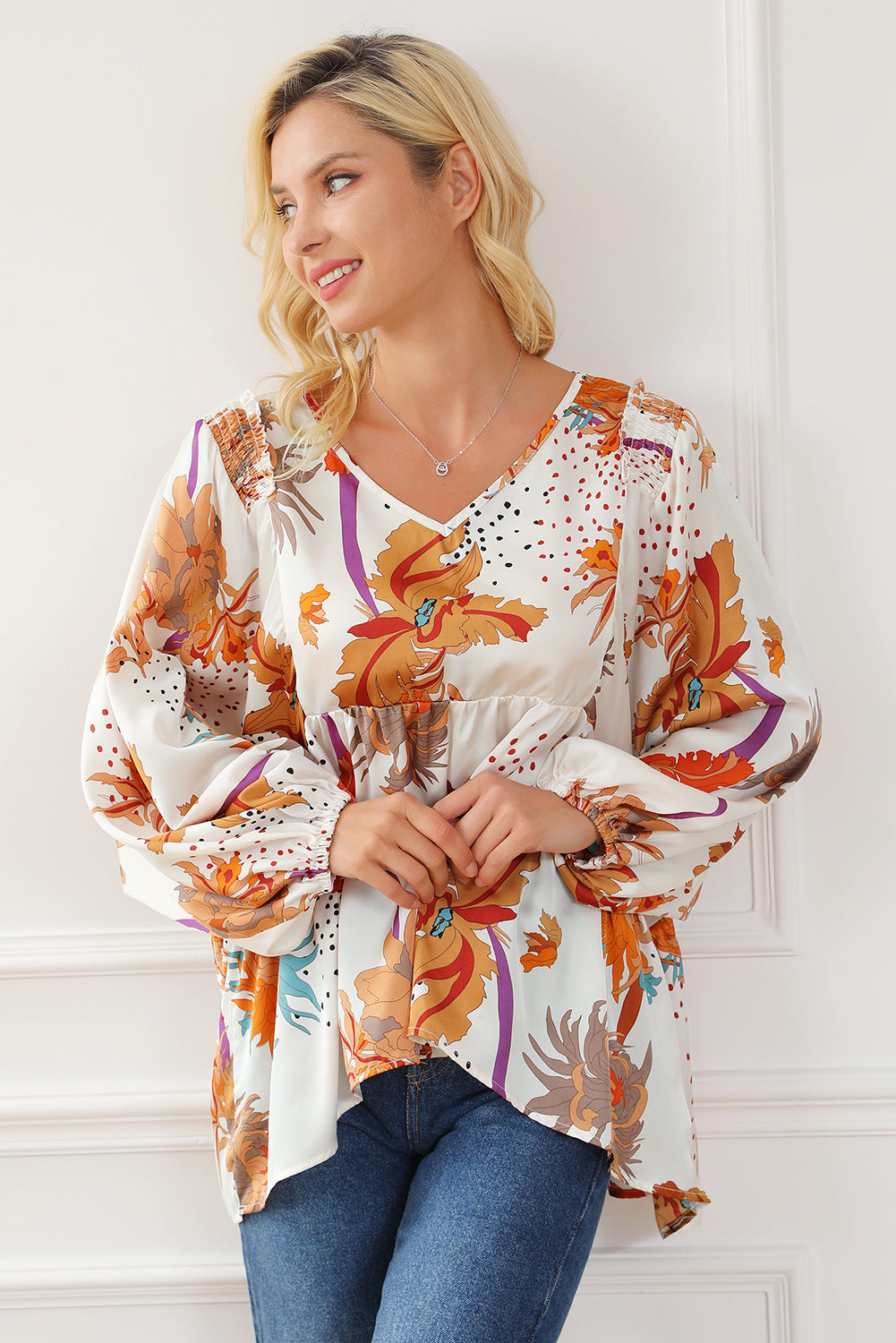 Multicolor Floral Dotted Print Empire Waist Shift Dress