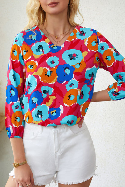 Rose Split V Collar Ruffle Sleeve Floral Shift Dress