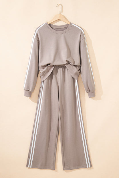 Gray Morn Varsity Striped Detail Crewneck Pullover Elastic Sweatpants 2pcs Outfit