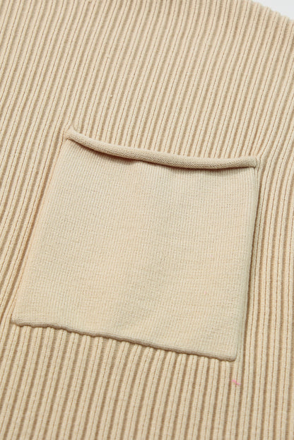 Blackish Green Patch Pocket Ribbed Knit Short Sleeve Sweater Dress