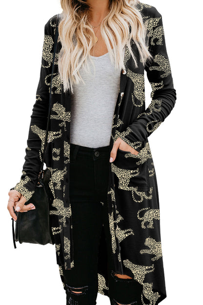 Black Leopard Print Button-up Long Sleeve Shirt Mini Dress