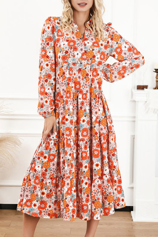 Yellow Boho Floral Collared Long Sleeve Ruffled Dress