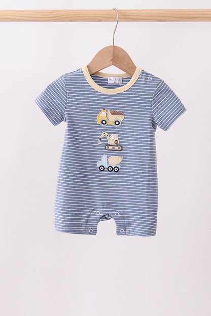 Blue stripe truck embroidery romper