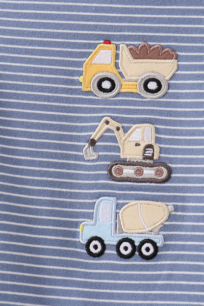 Blue stripe truck embroidery romper